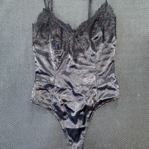 Black Eyelash Lace Trim Thong Bodysuit
